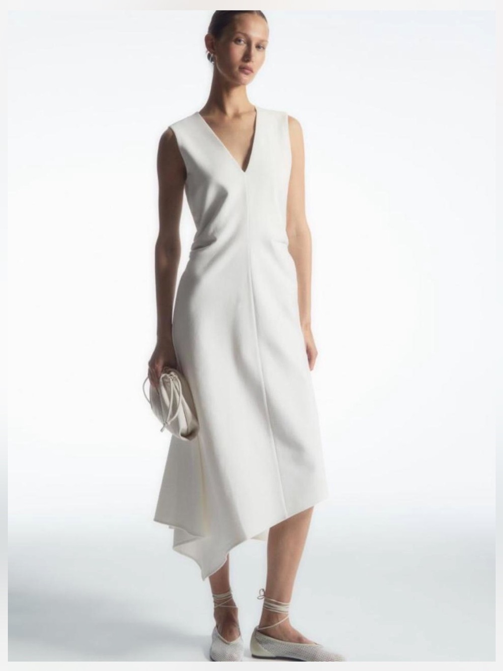 COS White Asymmetrical V-Neck Midi Dress